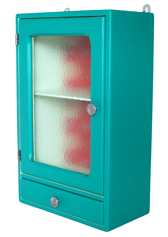 Armoire de toilette murale en hêtre des années 50, vue de trois quarts