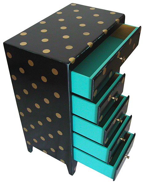 Petit buffet vintage à pois dorés avec tiroirs intérieurs turquoise