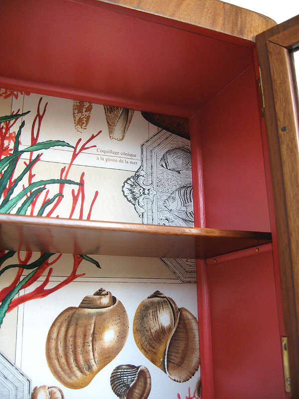 Détail de l’intérieur peint en rouge et du décor de coquillages de la vitrine